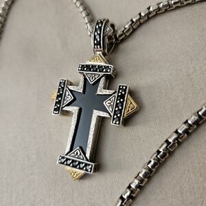 Konstantino Silver, Gold, Onyx, and Spinel Cross on 18-inch Silver Chain
